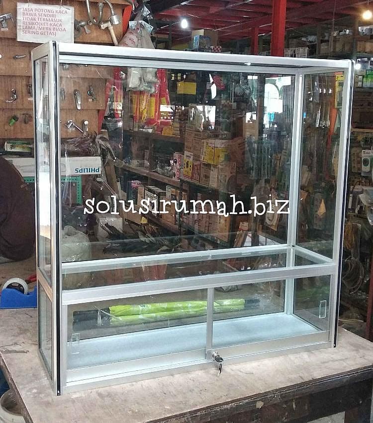 RAK ETALASE ALUMINIUM 100*100*30CM PINTU BAWAH GESER KARET KACA custom