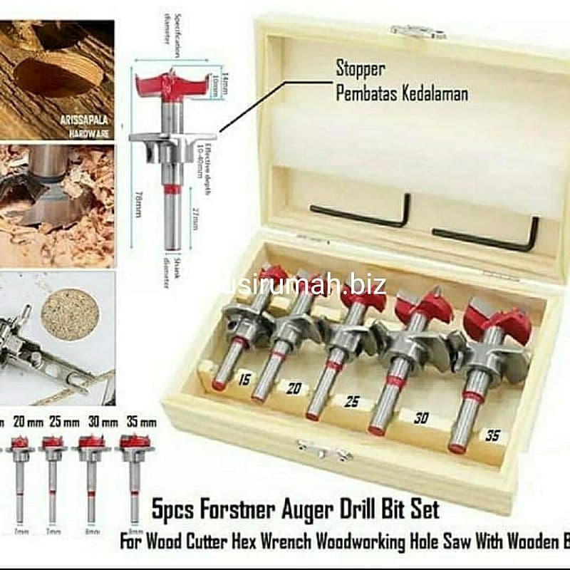 MATA BOR KAYU FORSTNER 5 biji set + STOPPER MERAH ENGSEL SENDOK stoper
