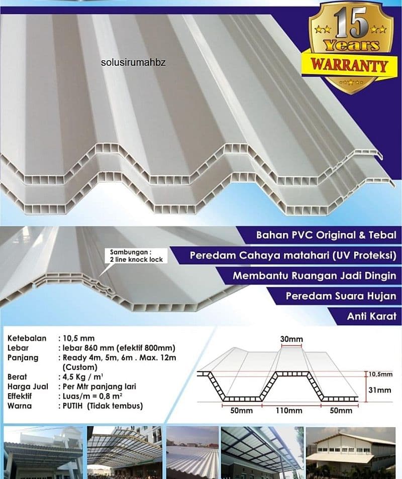 atap upvc tebal 10mm panjang 1.5m putih potong gelombang double layer