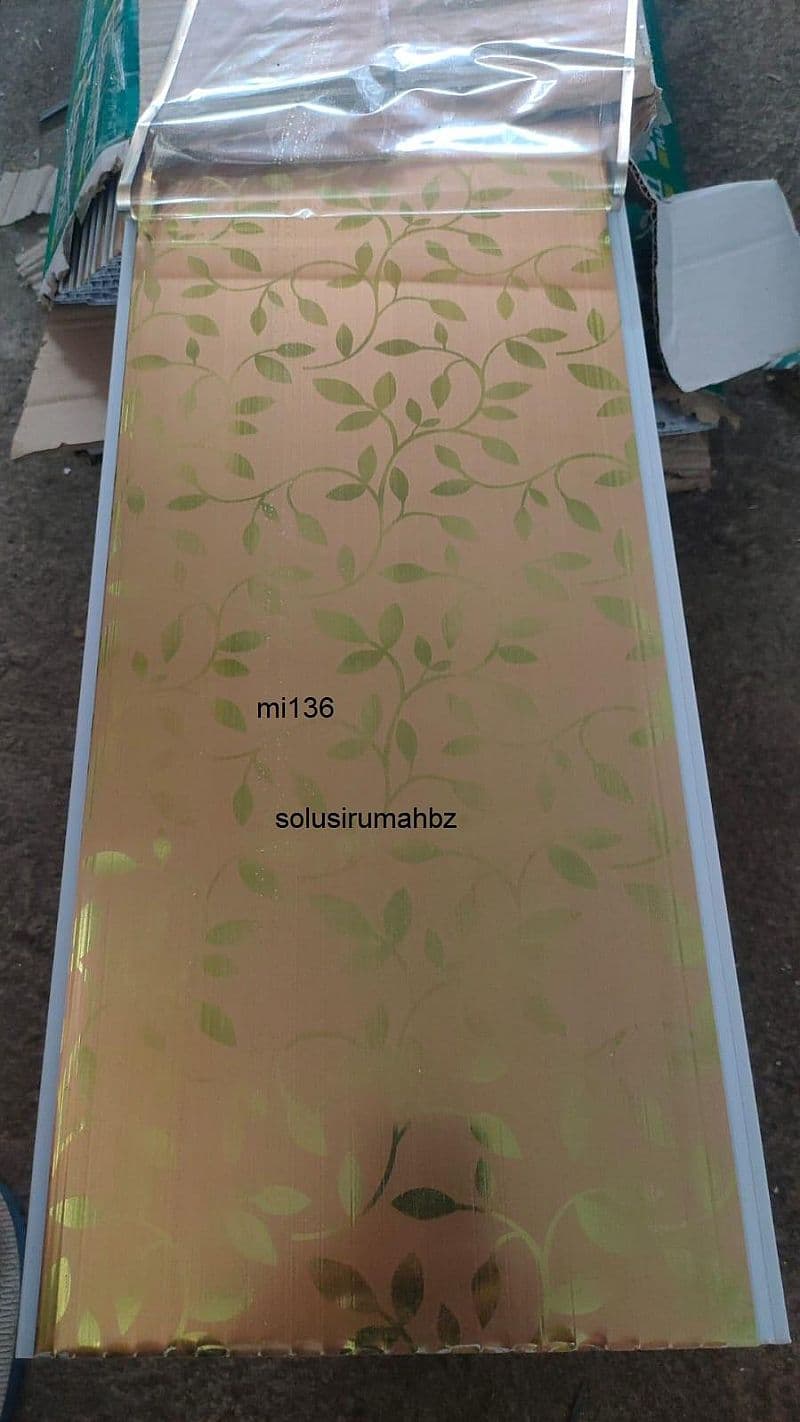 plafon pvc motif daun 200mm 8mm 1m mi136 plastik panel lebar 20cm gold
