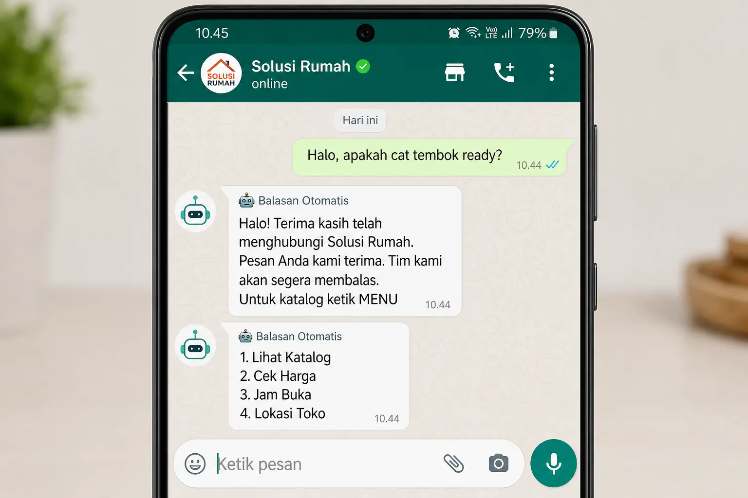 Chatbot WhatsApp jawaban otomatis (mockup)