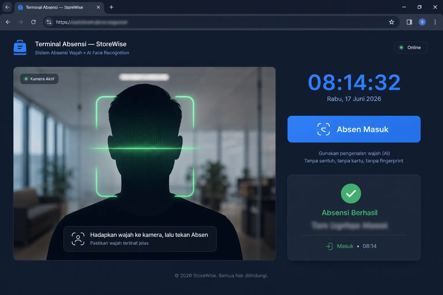 Absensi pengenalan wajah AI (mockup)