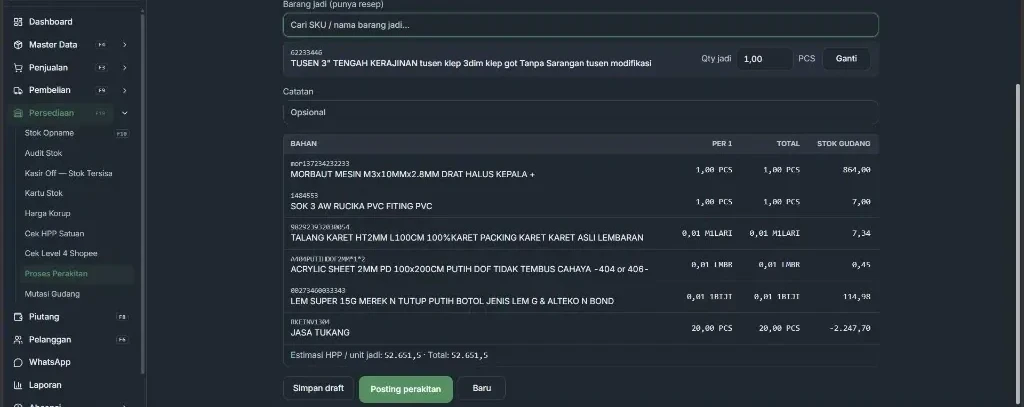 StoreWise POS — proses perakitan / pabrik (BOM + HPP)