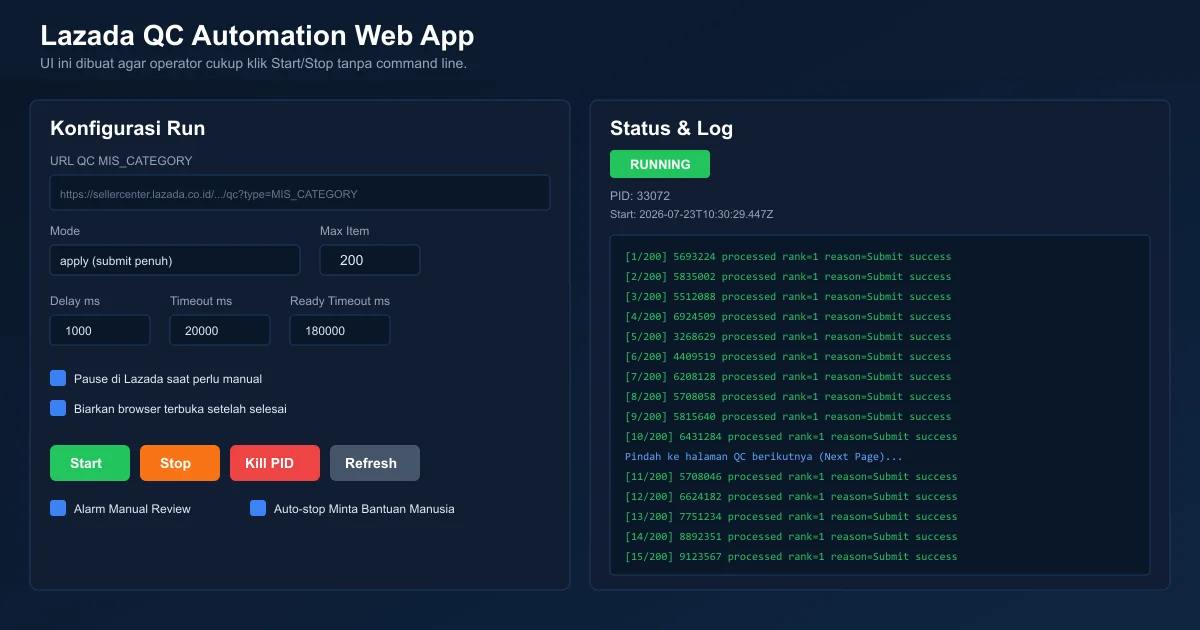 Lazada QC Automation — submit QC massal otomatis